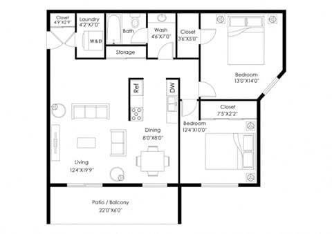 Floor plan for 2 beds, 1 bath, 981 sqft